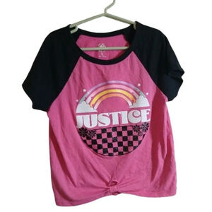 Justice Girls Knot Front Tie T-Shirt Pink Rainbow Glittery Top Size 7/8 Small